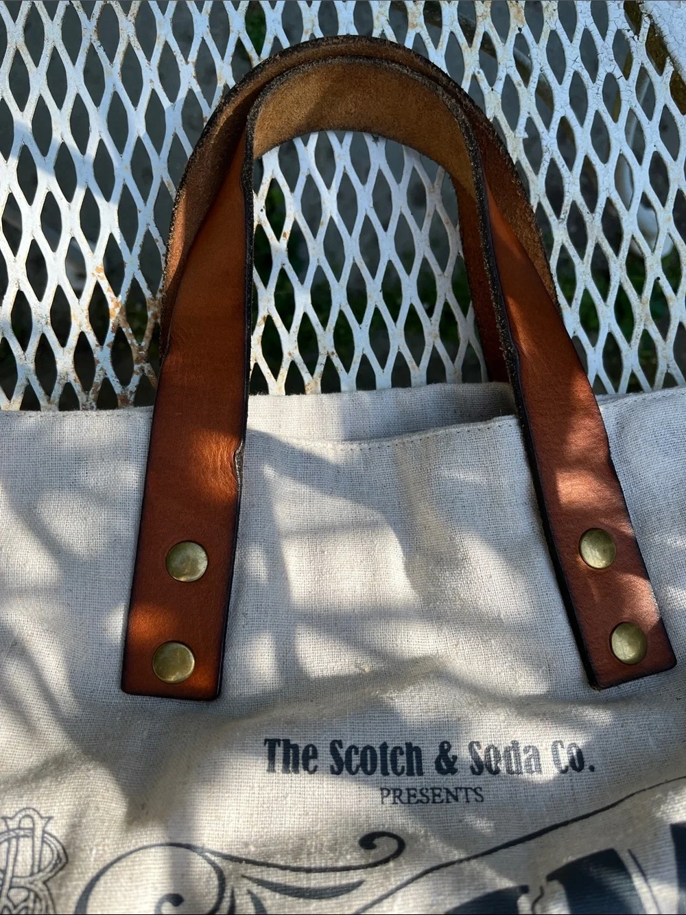 Scotch & Soda Beige Canvas Tote with Brown Leather Handles and Blue Base